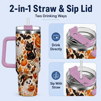#pl[40oz|Pink] Cute Halloween Cat Ghost 40oz Tumbler, Stainless Steel Pattern Drinkware