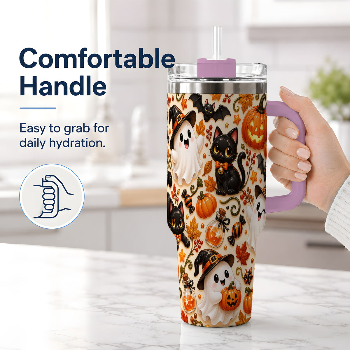 #pl[40oz|Pink] Cute Halloween Cat Ghost 40oz Tumbler, Stainless Steel Pattern Drinkware