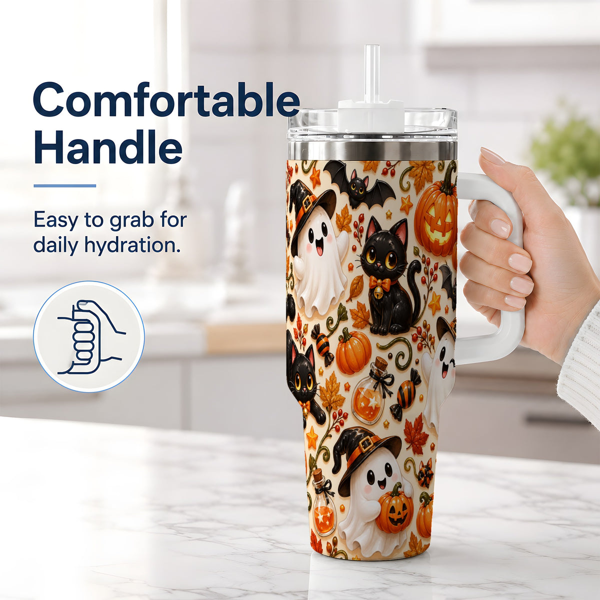 #pl[40oz|White] Cute Halloween Cat Ghost 40oz Tumbler, Stainless Steel Pattern Drinkware