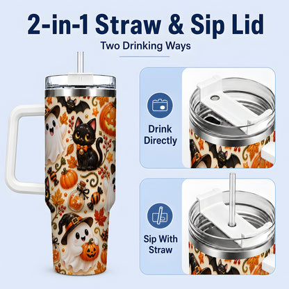 #pl[40oz|White] Cute Halloween Cat Ghost 40oz Tumbler, Stainless Steel Pattern Drinkware