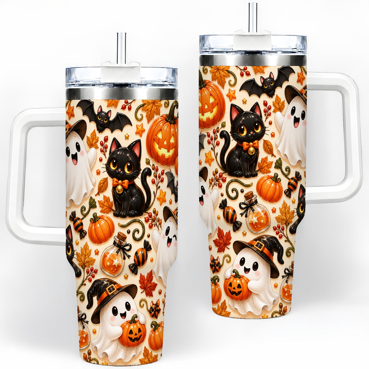 Cute Halloween Cat Ghost 40oz Tumbler, Stainless Steel Pattern Drinkware