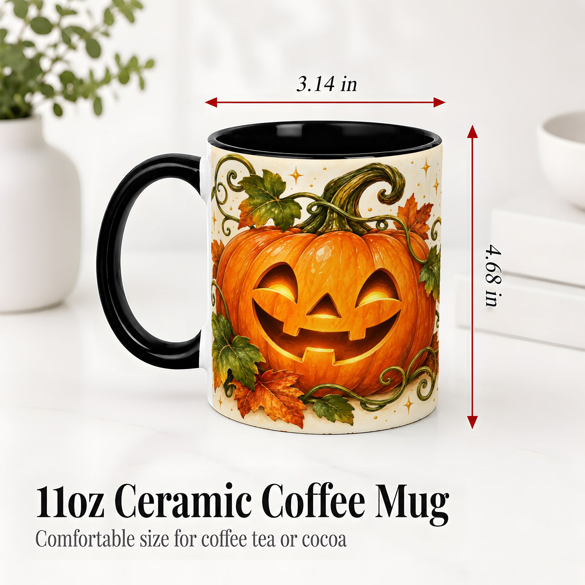 #pl[11oz|Black] Jack-O-Lantern Pumpkin Accent Mug, Mug with Autumn Vine Artwork