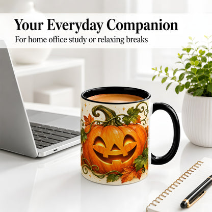 #pl[11oz|Black] Jack-O-Lantern Pumpkin Accent Mug, Mug with Autumn Vine Artwork