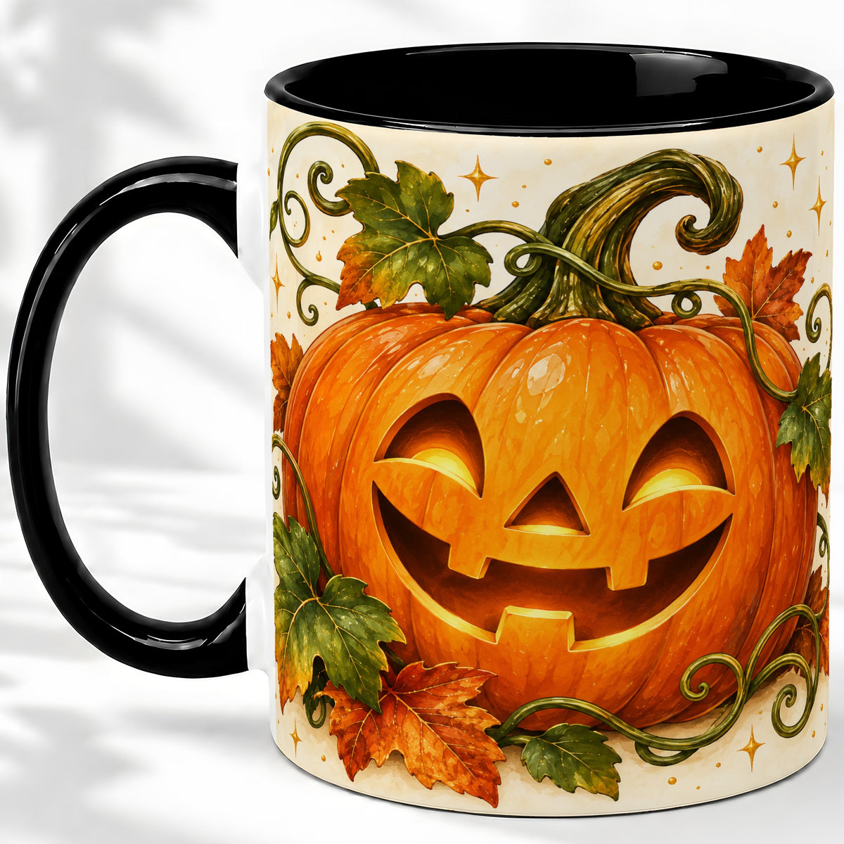 #pl[11oz|Black] Jack-O-Lantern Pumpkin Accent Mug, Mug with Autumn Vine Artwork