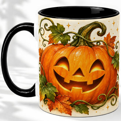 #pl[11oz|Black] Jack-O-Lantern Pumpkin Accent Mug, Mug with Autumn Vine Artwork
