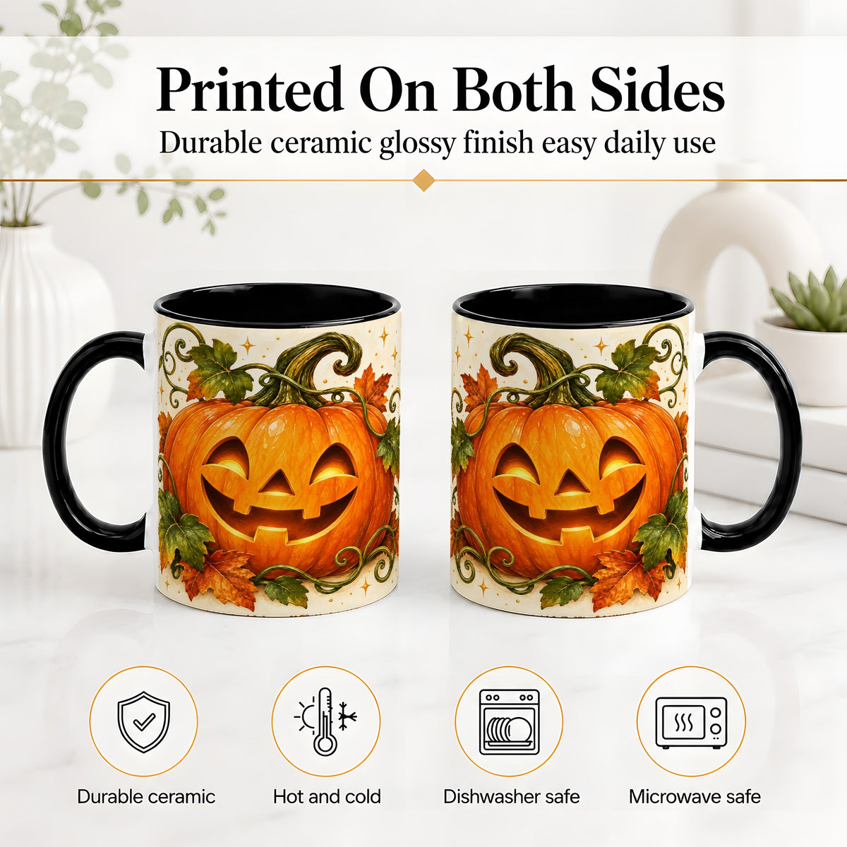 #pl[11oz|Black] Jack-O-Lantern Pumpkin Accent Mug, Mug with Autumn Vine Artwork
