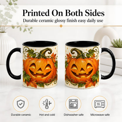 #pl[11oz|Black] Jack-O-Lantern Pumpkin Accent Mug, Mug with Autumn Vine Artwork