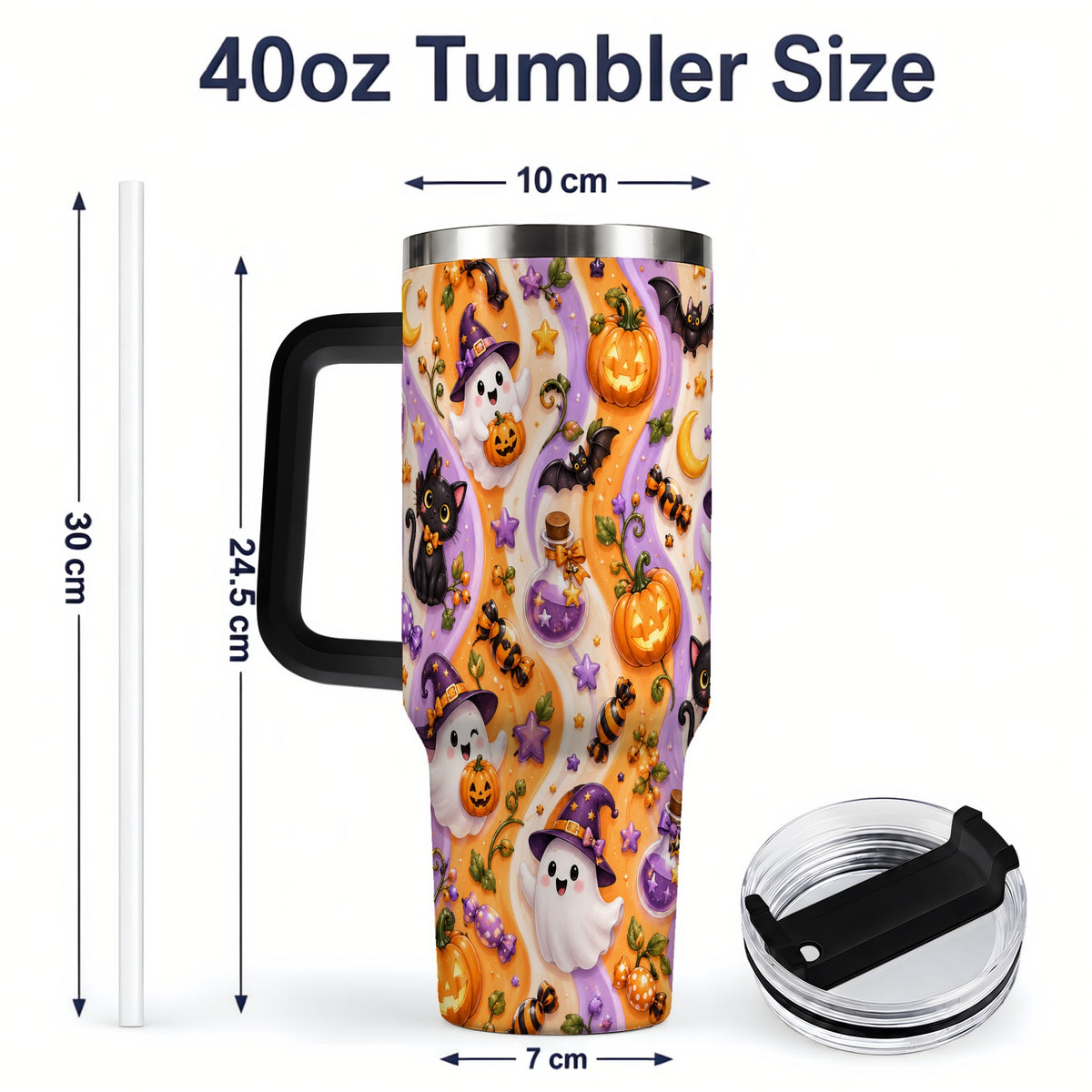 #pl[40oz|Black] Purple Halloween Ghost Cat 40oz Tumbler, Stainless Steel Pattern Drinkware