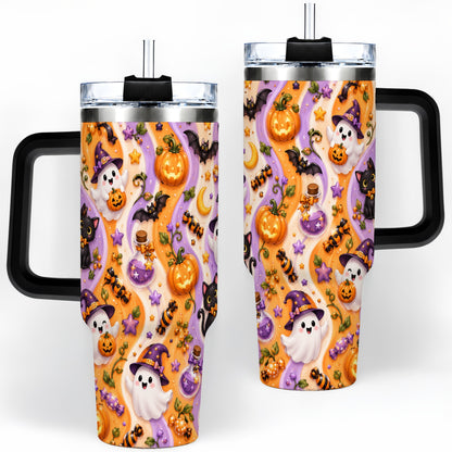 #pl[40oz|Black] Purple Halloween Ghost Cat 40oz Tumbler, Stainless Steel Pattern Drinkware