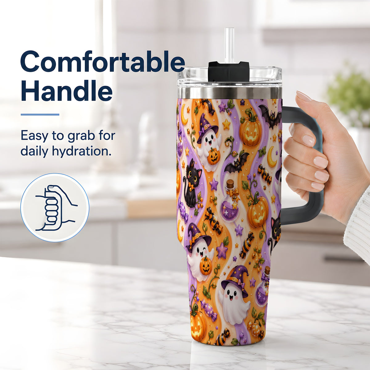 #pl[40oz|Black] Purple Halloween Ghost Cat 40oz Tumbler, Stainless Steel Pattern Drinkware