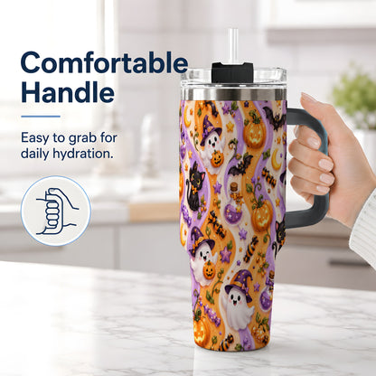 #pl[40oz|Black] Purple Halloween Ghost Cat 40oz Tumbler, Stainless Steel Pattern Drinkware