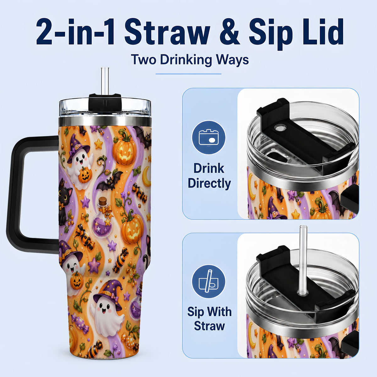 #pl[40oz|Black] Purple Halloween Ghost Cat 40oz Tumbler, Stainless Steel Pattern Drinkware