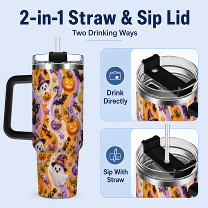 #pl[40oz|Black] Purple Halloween Ghost Cat 40oz Tumbler, Stainless Steel Pattern Drinkware