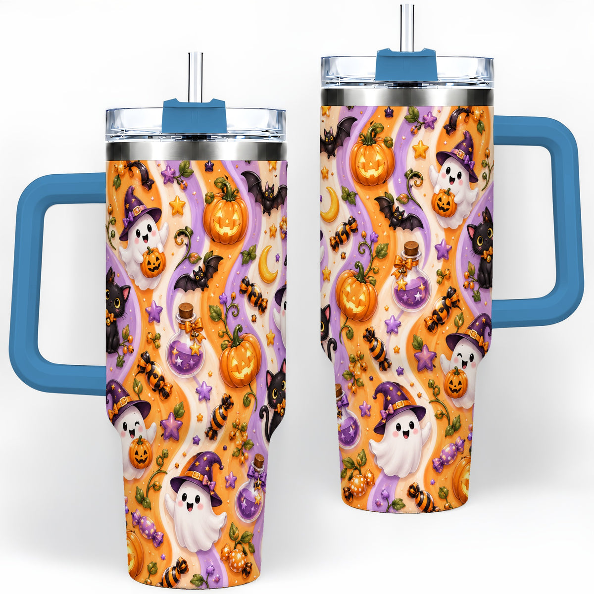 #pl[40oz|Blue] Purple Halloween Ghost Cat 40oz Tumbler, Stainless Steel Pattern Drinkware