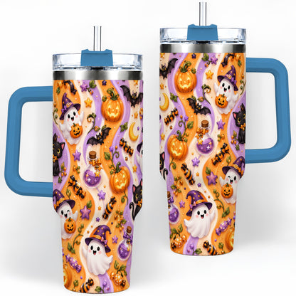 #pl[40oz|Blue] Purple Halloween Ghost Cat 40oz Tumbler, Stainless Steel Pattern Drinkware