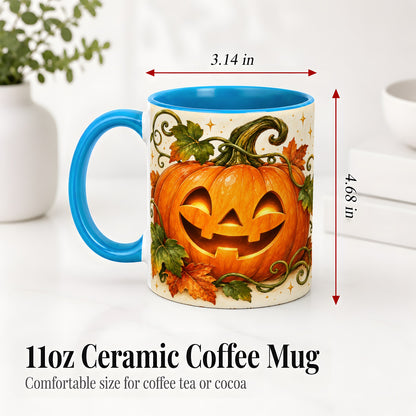 #pl[11oz|Blue] Jack-O-Lantern Pumpkin Accent Mug, Mug with Autumn Vine Artwork