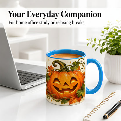 #pl[11oz|Blue] Jack-O-Lantern Pumpkin Accent Mug, Mug with Autumn Vine Artwork