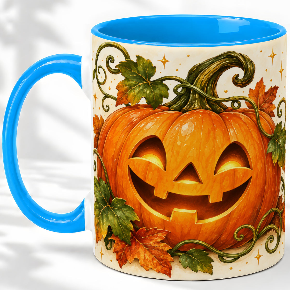 #pl[11oz|Blue] Jack-O-Lantern Pumpkin Accent Mug, Mug with Autumn Vine Artwork