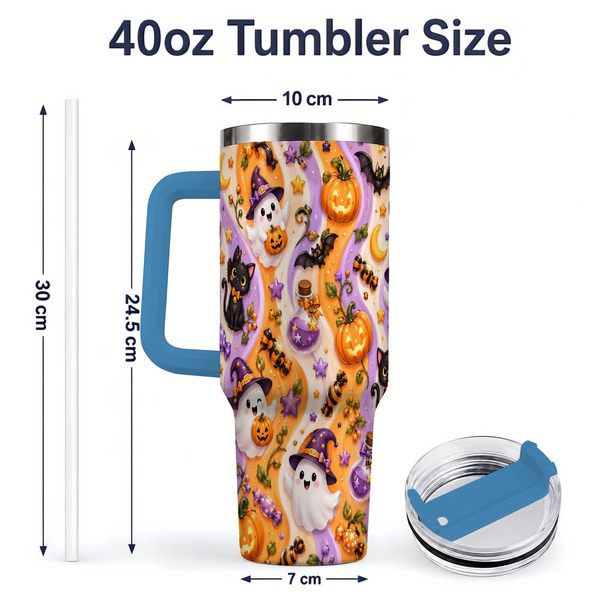 #pl[40oz|Blue] Purple Halloween Ghost Cat 40oz Tumbler, Stainless Steel Pattern Drinkware