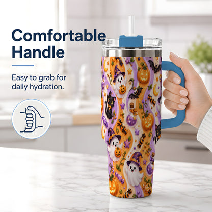 #pl[40oz|Blue] Purple Halloween Ghost Cat 40oz Tumbler, Stainless Steel Pattern Drinkware