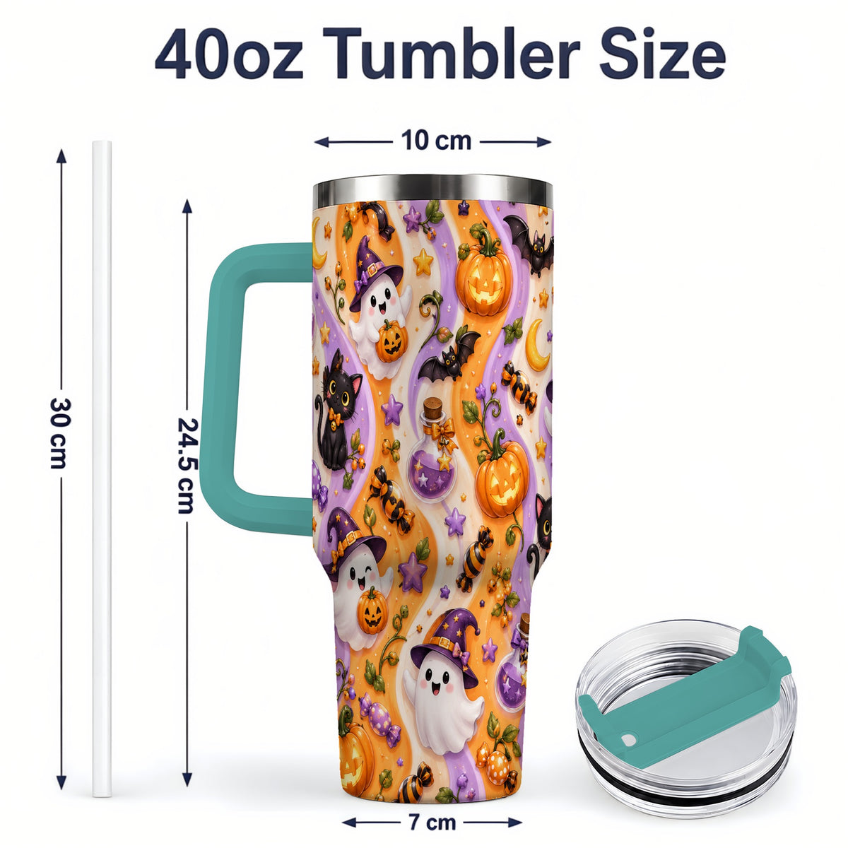 #pl[40oz|Green] Purple Halloween Ghost Cat 40oz Tumbler, Stainless Steel Pattern Drinkware