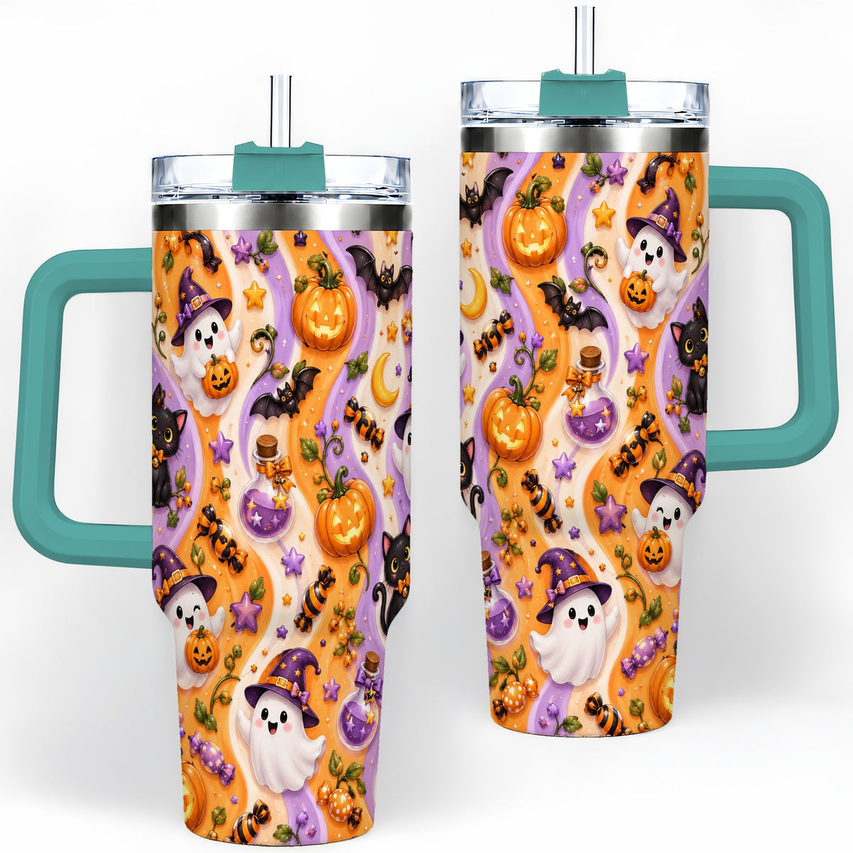 #pl[40oz|Green] Purple Halloween Ghost Cat 40oz Tumbler, Stainless Steel Pattern Drinkware