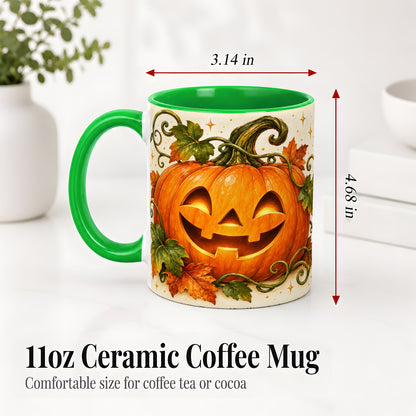 #pl[11oz|Green] Jack-O-Lantern Pumpkin Accent Mug, Mug with Autumn Vine Artwork