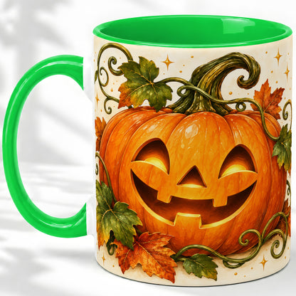 #pl[11oz|Green] Jack-O-Lantern Pumpkin Accent Mug, Mug with Autumn Vine Artwork