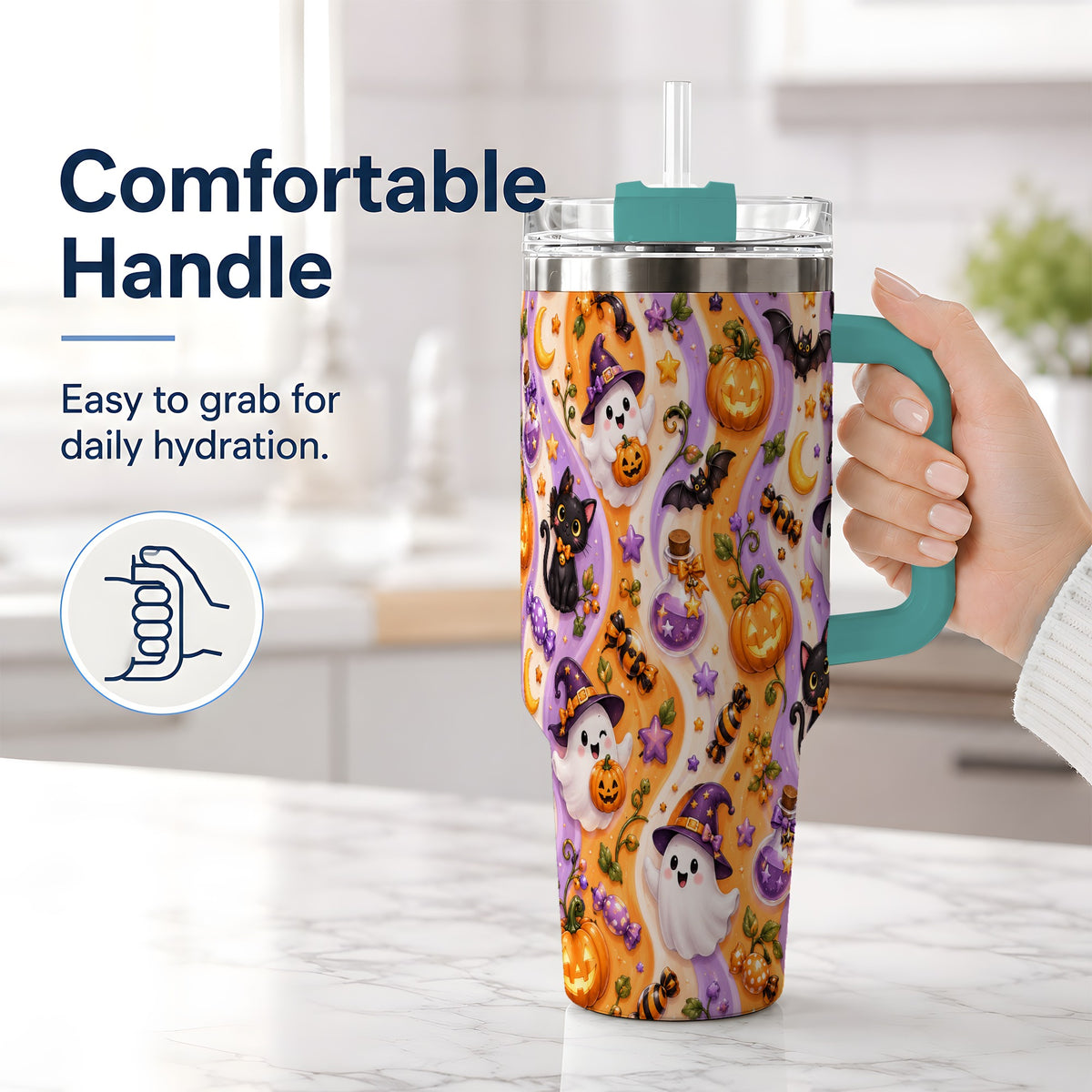 #pl[40oz|Green] Purple Halloween Ghost Cat 40oz Tumbler, Stainless Steel Pattern Drinkware