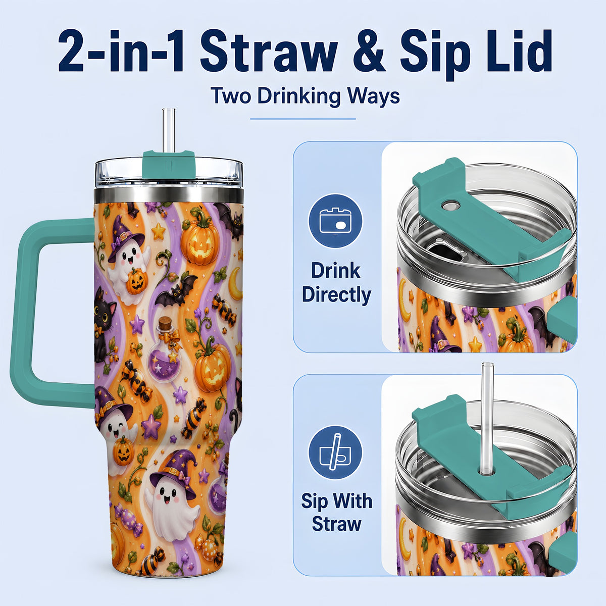 #pl[40oz|Green] Purple Halloween Ghost Cat 40oz Tumbler, Stainless Steel Pattern Drinkware