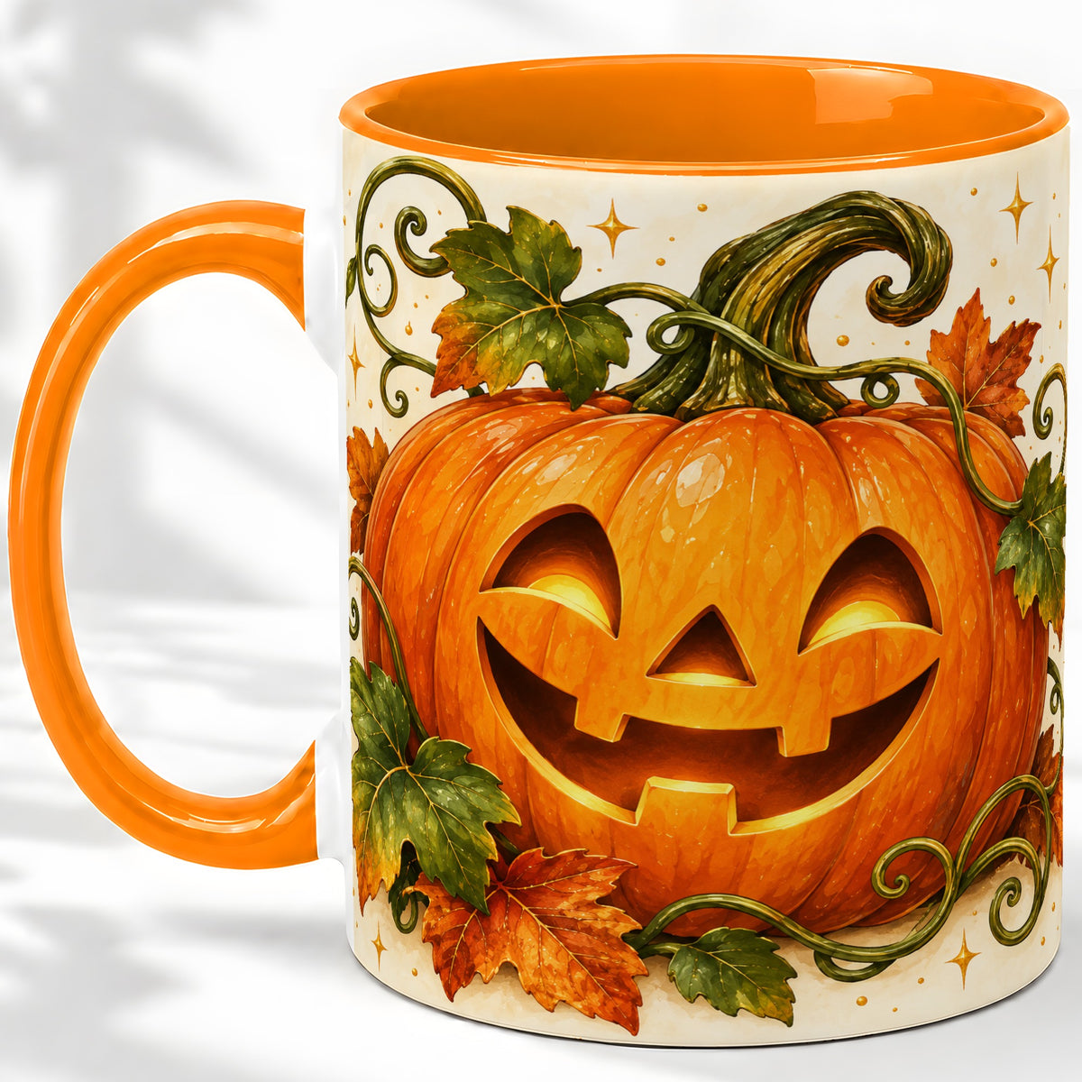 #pl[11oz|Orange] Jack-O-Lantern Pumpkin Accent Mug, Mug with Autumn Vine Artwork