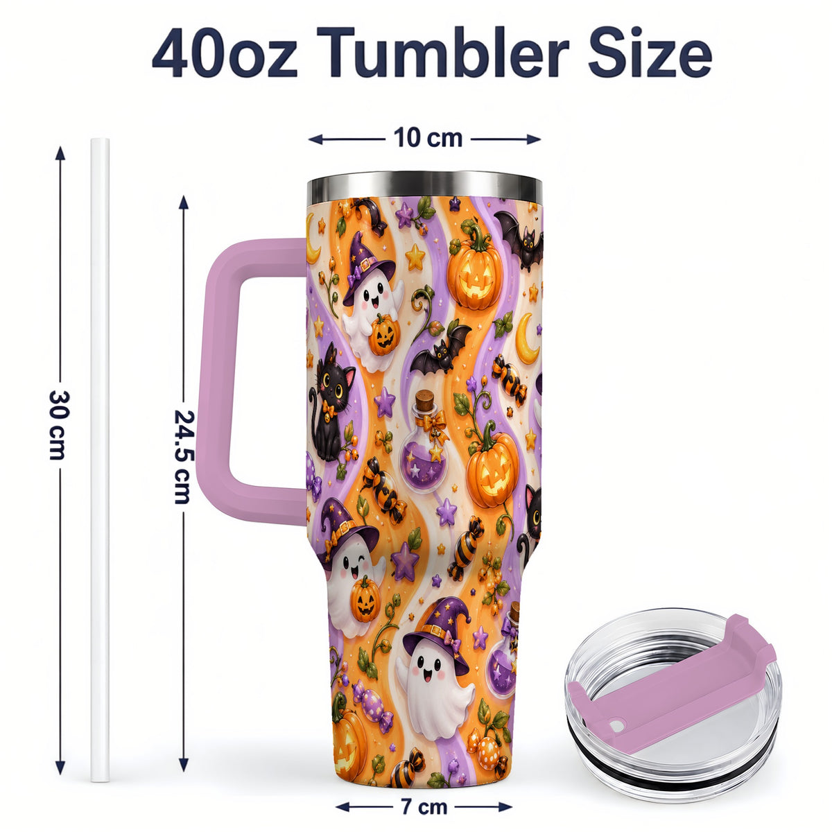 #pl[40oz|Pink] Purple Halloween Ghost Cat 40oz Tumbler, Stainless Steel Pattern Drinkware