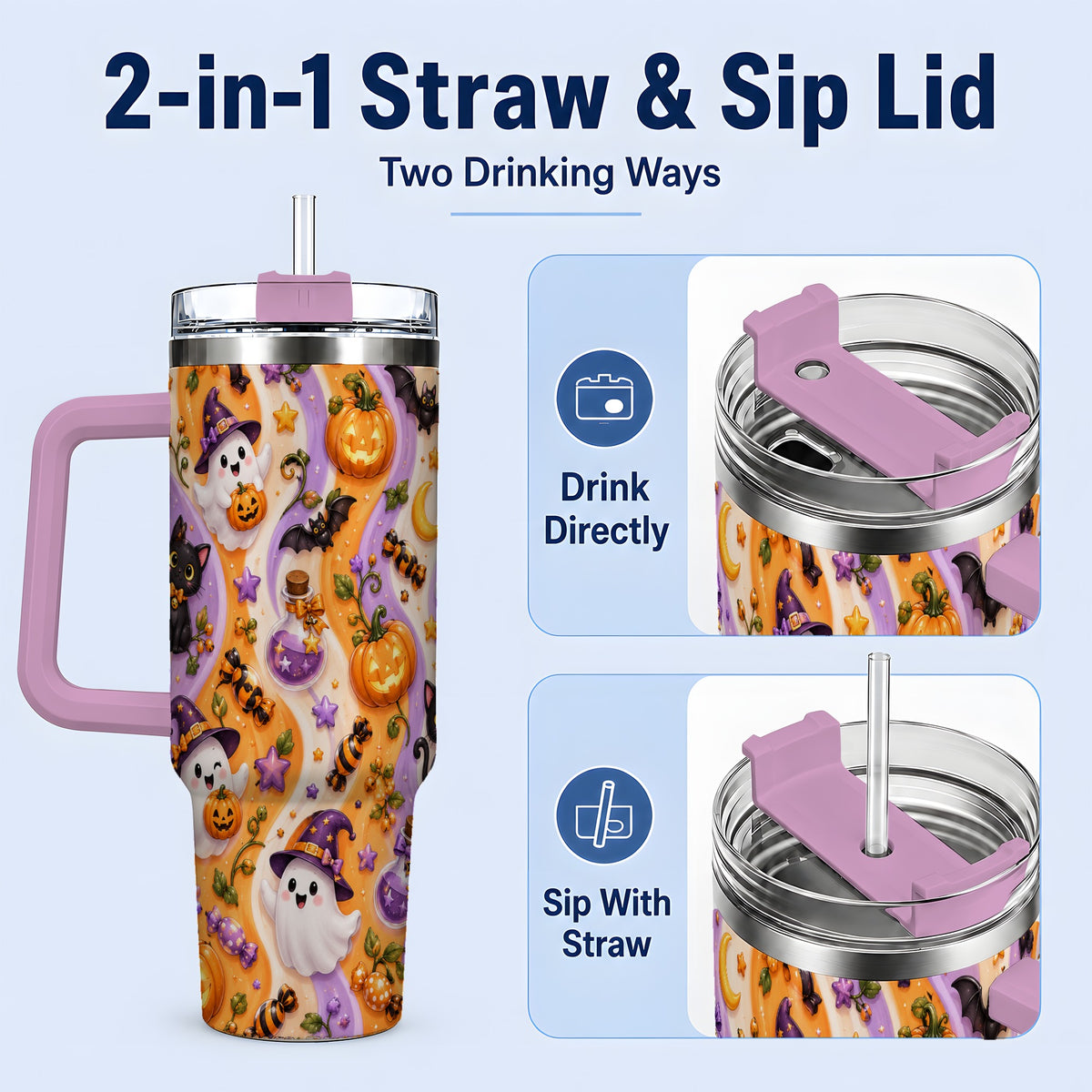 #pl[40oz|Pink] Purple Halloween Ghost Cat 40oz Tumbler, Stainless Steel Pattern Drinkware