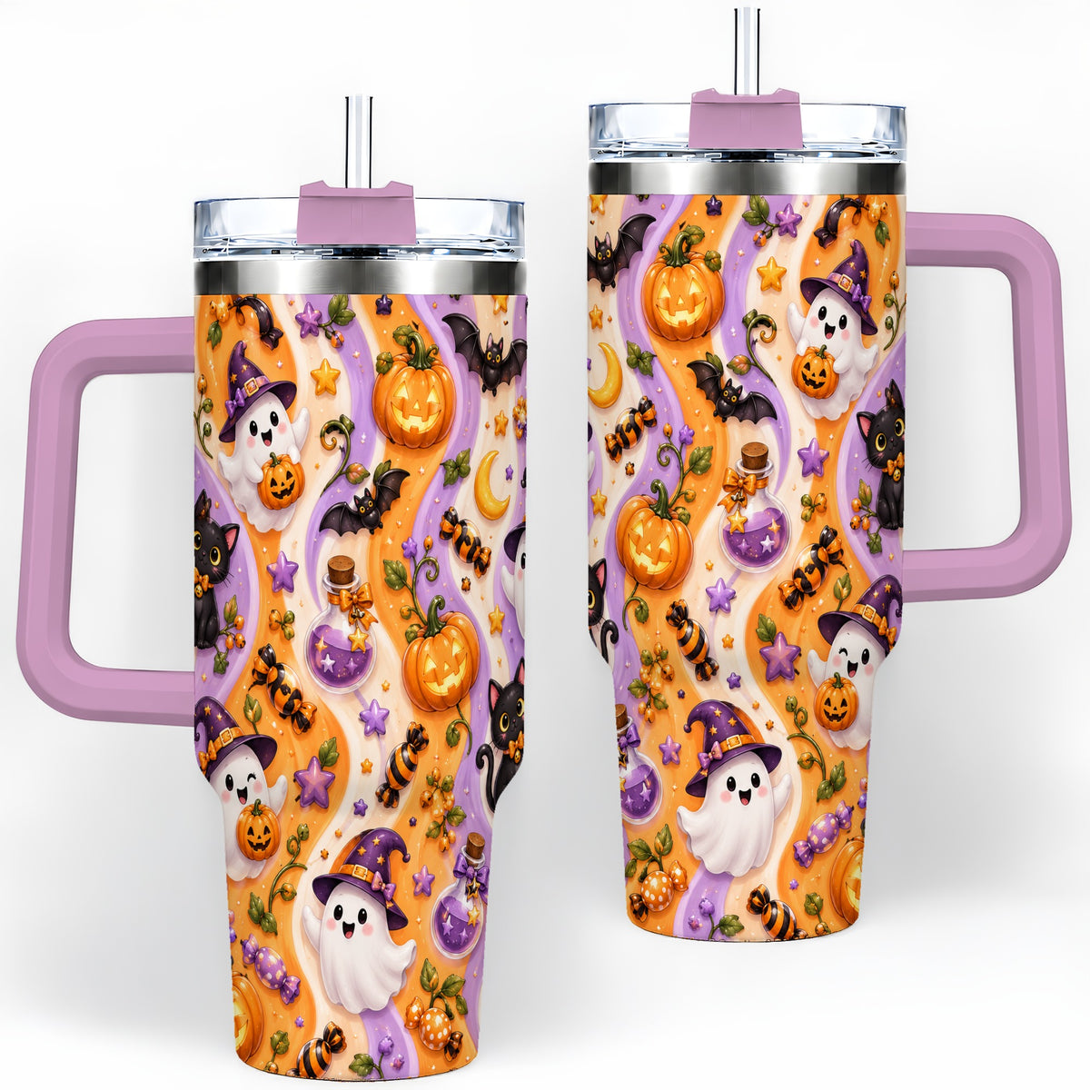#pl[40oz|Pink] Purple Halloween Ghost Cat 40oz Tumbler, Stainless Steel Pattern Drinkware