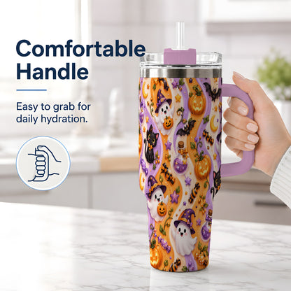 #pl[40oz|Pink] Purple Halloween Ghost Cat 40oz Tumbler, Stainless Steel Pattern Drinkware