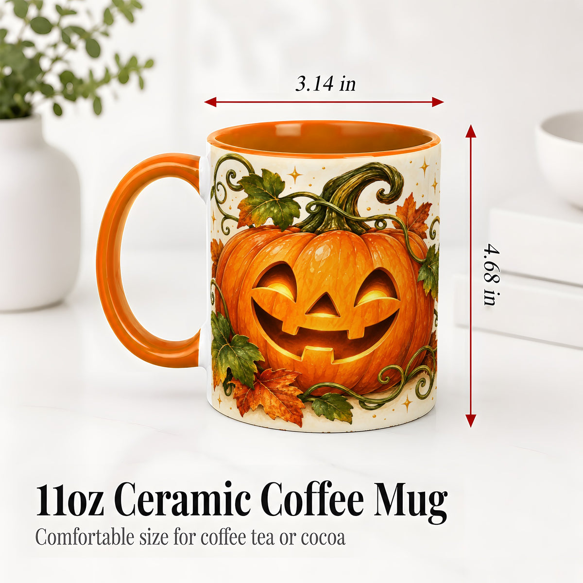 #pl[11oz|Orange] Jack-O-Lantern Pumpkin Accent Mug, Mug with Autumn Vine Artwork