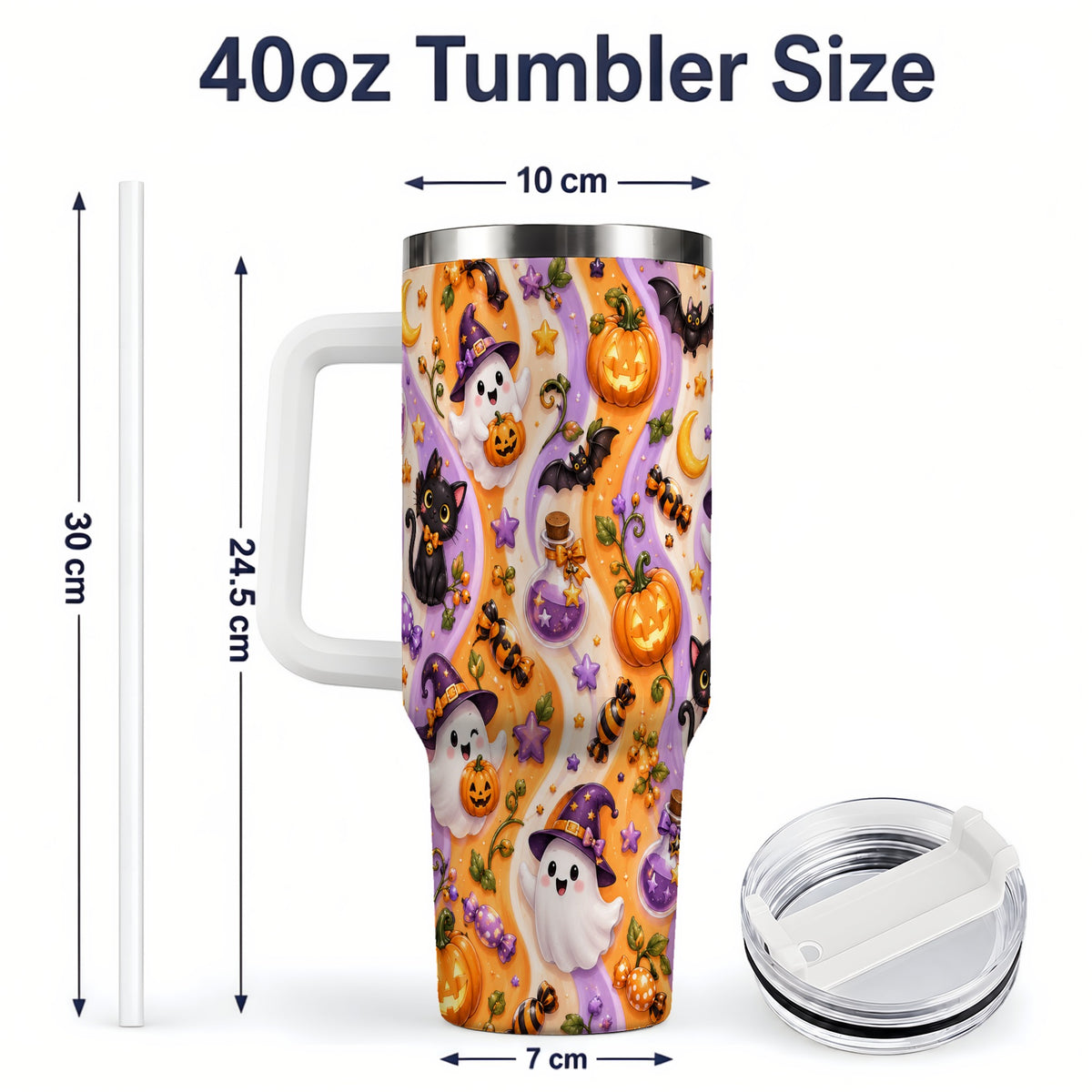 #pl[40oz|White] Purple Halloween Ghost Cat 40oz Tumbler, Stainless Steel Pattern Drinkware