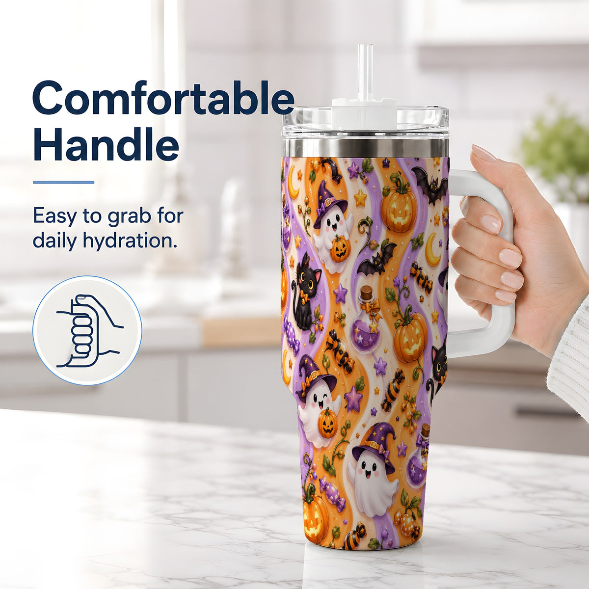 #pl[40oz|White] Purple Halloween Ghost Cat 40oz Tumbler, Stainless Steel Pattern Drinkware