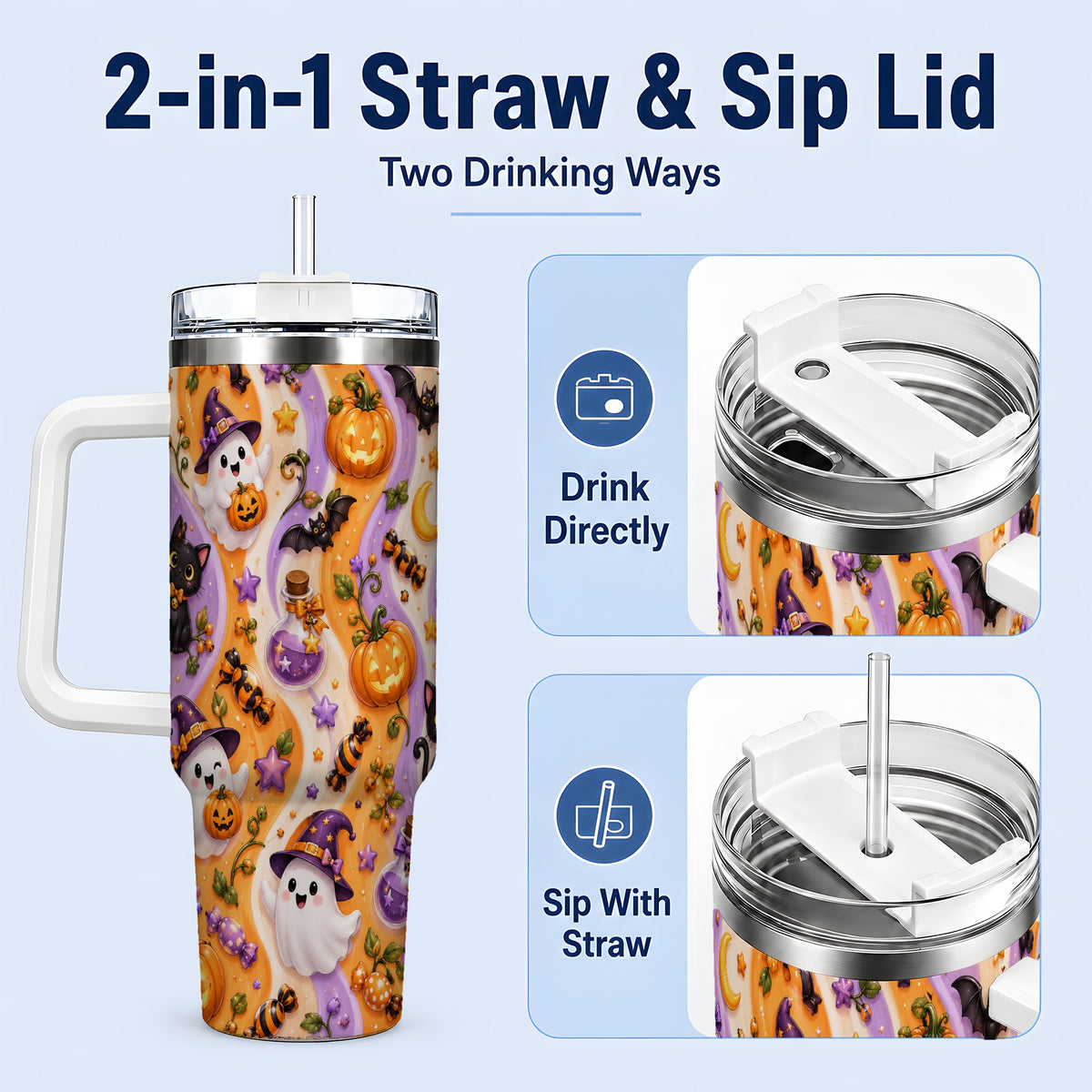 #pl[40oz|White] Purple Halloween Ghost Cat 40oz Tumbler, Stainless Steel Pattern Drinkware