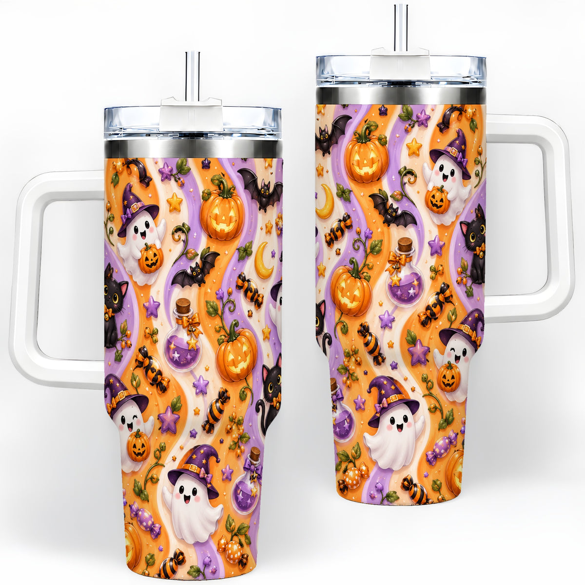 Purple Halloween Ghost Cat 40oz Tumbler, Stainless Steel Pattern Drinkware