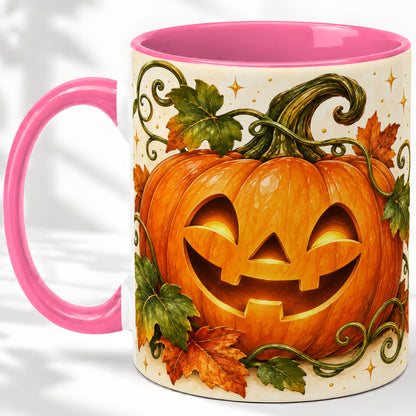#pl[11oz|Pink] Jack-O-Lantern Pumpkin Accent Mug, Mug with Autumn Vine Artwork