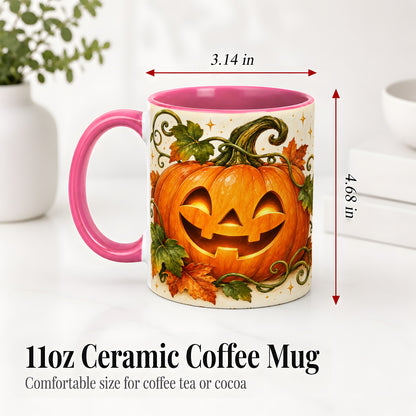 #pl[11oz|Pink] Jack-O-Lantern Pumpkin Accent Mug, Mug with Autumn Vine Artwork