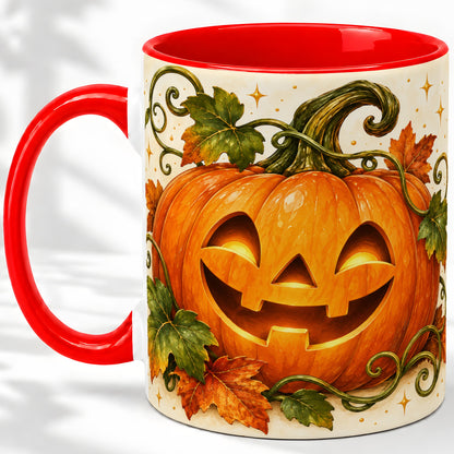 Jack-O-Lantern Pumpkin Accent Mug, Mug with Autumn Vine Artwork