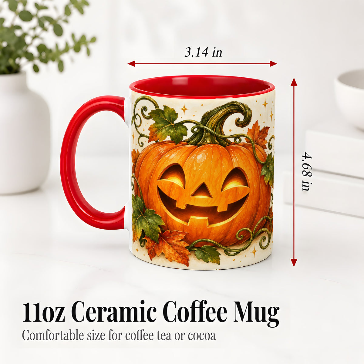 #pl[11oz|Red] Jack-O-Lantern Pumpkin Accent Mug, Mug with Autumn Vine Artwork