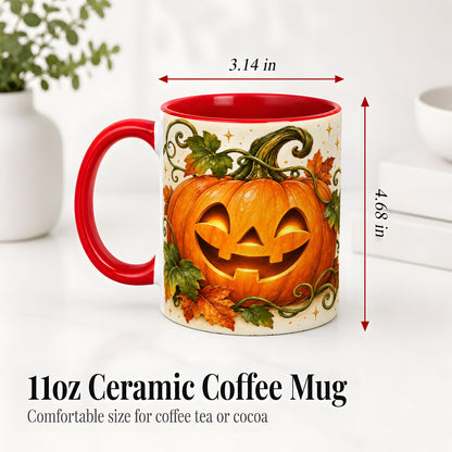 #pl[11oz|Red] Jack-O-Lantern Pumpkin Accent Mug, Mug with Autumn Vine Artwork