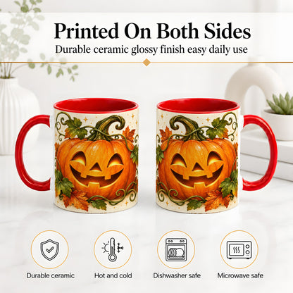 #pl[11oz|Red] Jack-O-Lantern Pumpkin Accent Mug, Mug with Autumn Vine Artwork