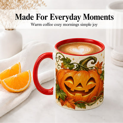 #pl[11oz|Red] Jack-O-Lantern Pumpkin Accent Mug, Mug with Autumn Vine Artwork