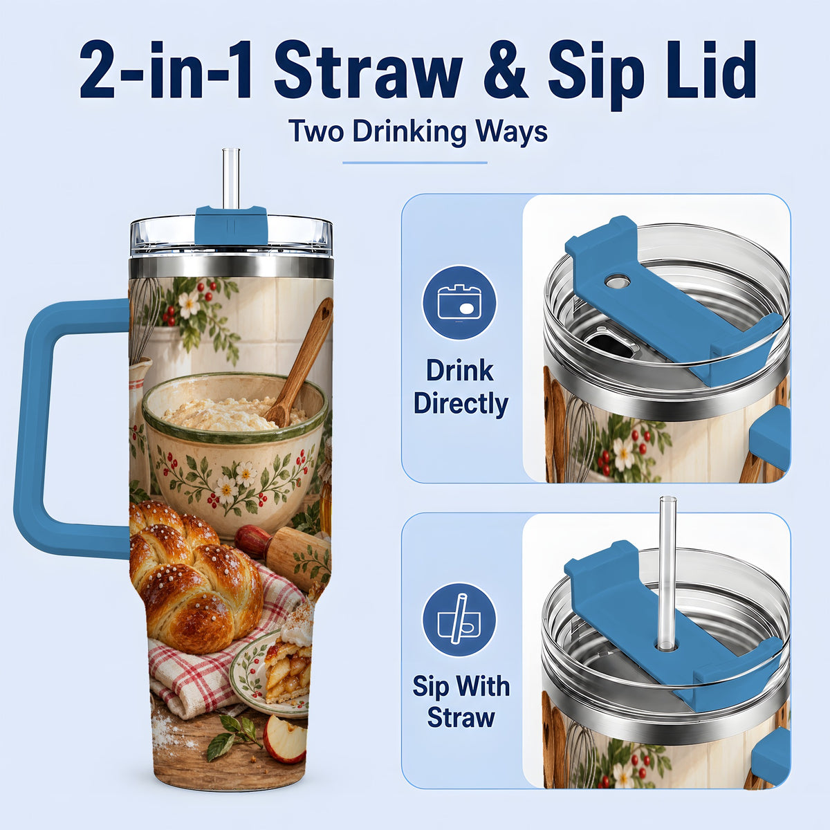 #pl[40oz|Blue] Farmhouse Baking 40oz Tumbler, Stainless Steel Apple Pie Drinkware
