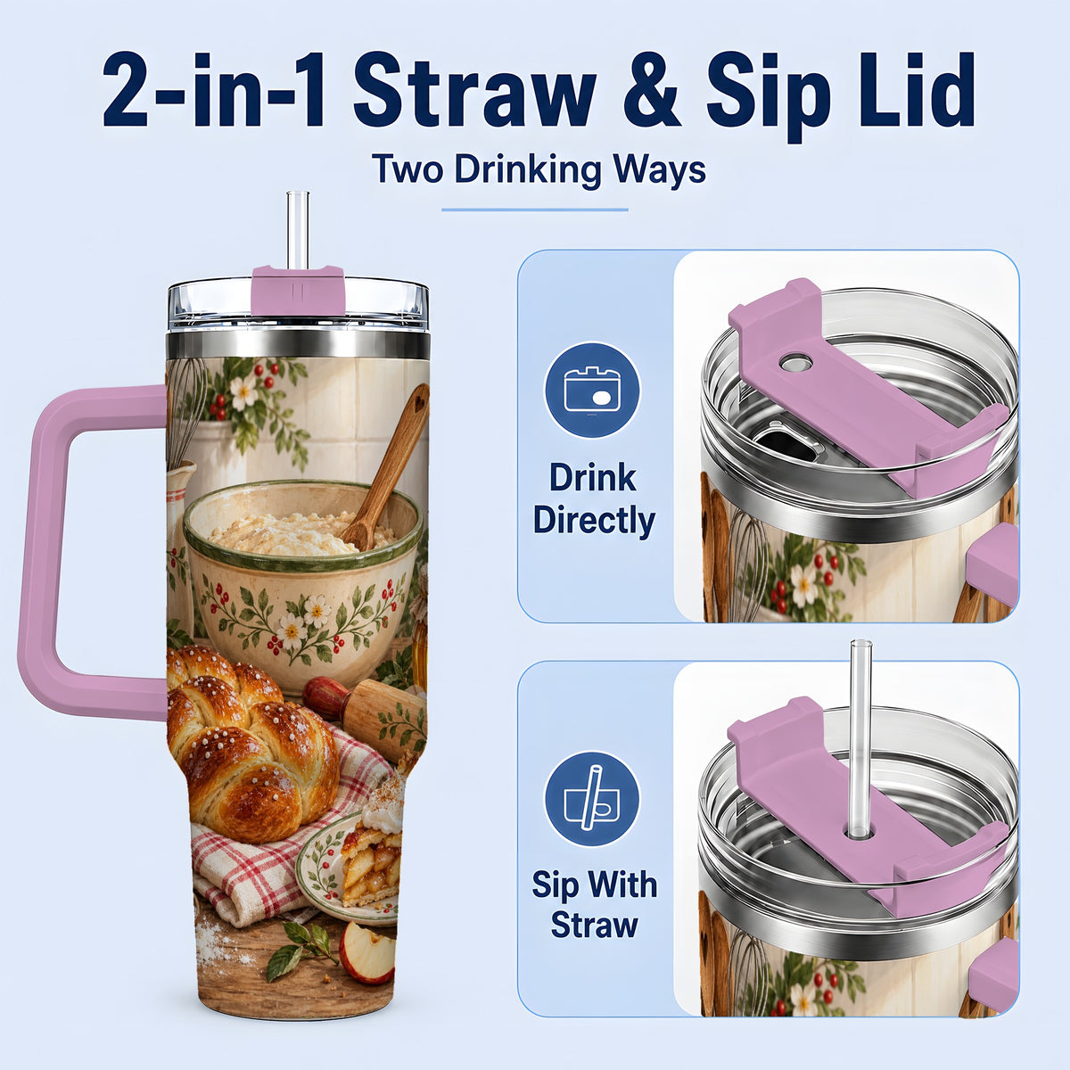 #pl[40oz|Pink] Farmhouse Baking 40oz Tumbler, Stainless Steel Apple Pie Drinkware