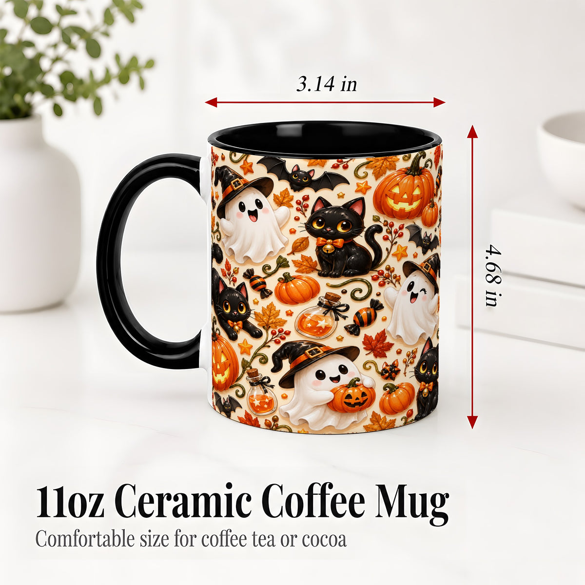 #pl[11oz|Black] Cute Halloween Cat Ghost Accent Mug, Mug with Pumpkin Pattern